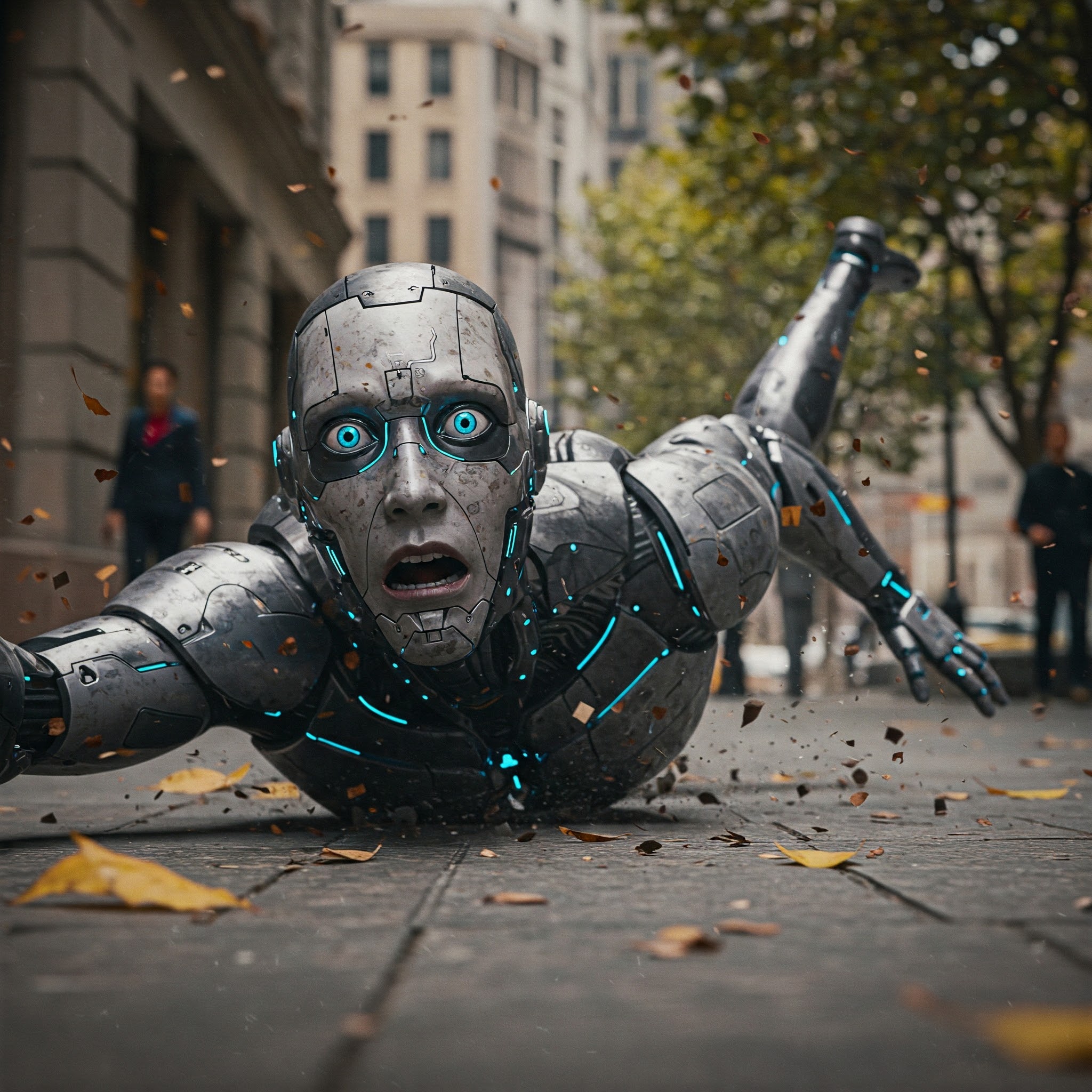 Cyborg crashing onto city sidewalk