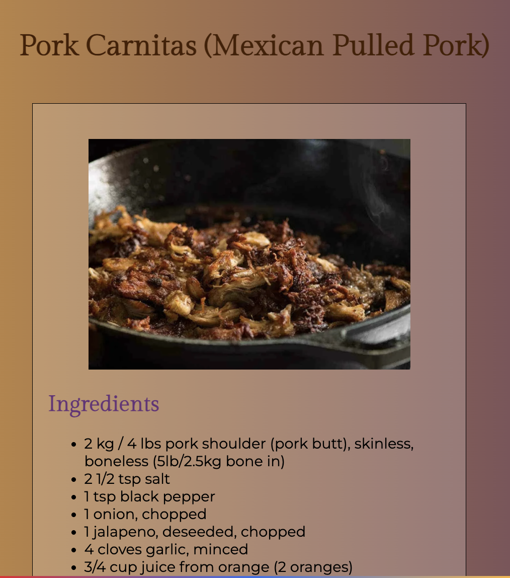 Screen shot of Recipe page