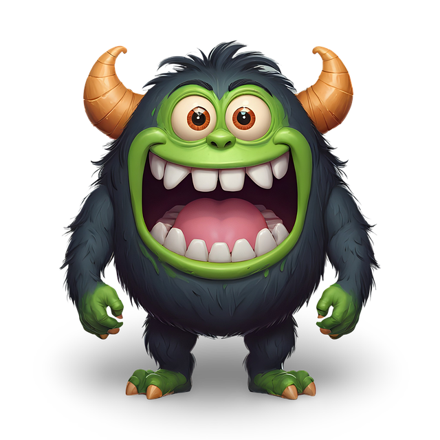 happy dark blue fuzzy monster that moves closer to screen