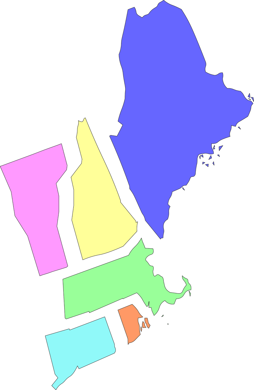 Colorful zigsaw map of New England